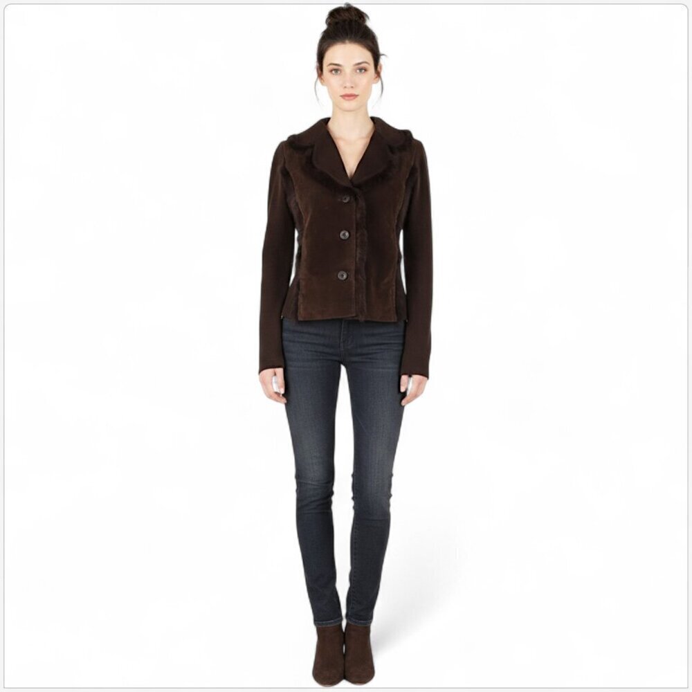 Cynthia Steffe Dark Brown Suede Leather Panel Knit Cardigan Rabbit Fur Jacket XS